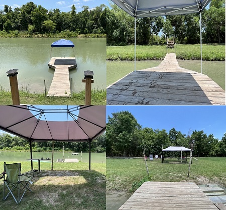 4 dock photos with shaded area and trees